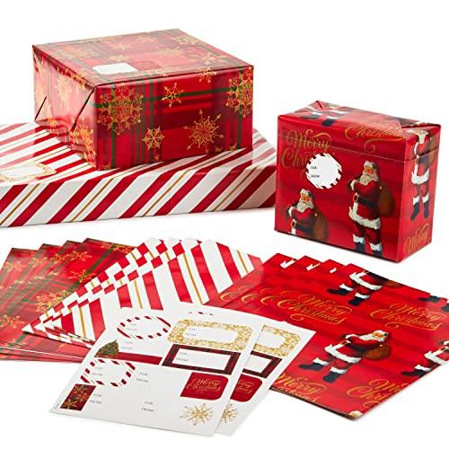 Hallmark Flat Christmas Wrapping Paper Sheets with Cutlines on Reverse and Gift Tag Seals (12 Folded Sheets, 16 Gift Tag Stickers) Red, White and Gold Stripes, Santa Claus, Snowflakes on Plaid, 0005XW 2080
