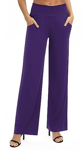 Urban CoCo Women's Solid Wide Leg Palazzo Lounge Pants Casual Straight Leg High Waist Stretch Pants, Purple, Medium