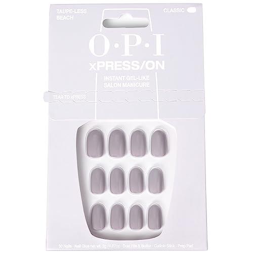 OPI xPRESS/ON Press On Nails, Up to 14 Days of Wear, Gel-Like Salon Manicure, Vegan, Sustainable Packaging, With Nail Glue, Short Neutral Nails, Taupe-less Beach