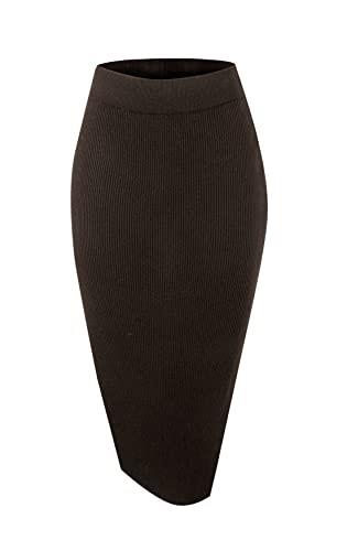 Urban CoCo Women's Elastic Waist Knitted Split Tube Pencil Midi Skirt, Coffee, Medium
