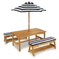 KidKraft Wooden Garden Table and Bench Set for Kids with Cushions and Parasol, Outdoor Garden Furniture for Children, Navy and White Stripes, 00106