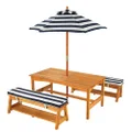 KidKraft Wooden Garden Table and Bench Set for Kids with Cushions and Parasol, Outdoor Garden Furniture for Children, Navy and White Stripes, 00106