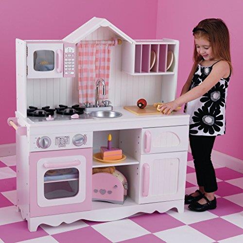 KidKraft Modern Country Play Kitchen for Kids, Wooden Toy Kitchen with Real Curtains, Kids' Kitchen Set, Toddler Toys, Kids' Toys, 53222