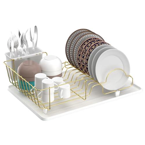 Buruis Dish Drying Rack, Gold Dish Drainer Organizer Includes Removable Drain Board and Utensil Holder, Large Capacity Metal Dish Racks for Kitchen (White)