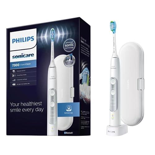 PHILIPS Sonicare ExpertClean 7300 Sonic Electric Rechargeable Toothbrush with App, Built-in Pressure Sensor, 3 Modes and 3 Intensities and Smart Brush Head Recognition, White, HX9618/03