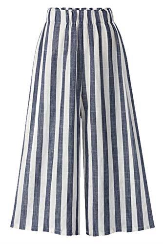 CHARTOU Women's Casual Striped High-Waist Wide-Leg Cotton Lightweight Palazzo Capri Culotte Pants (Blue, Small)