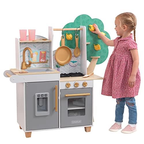 KidKraft Happy Harvest Play Kitchen, Wooden Toy Kitchen with Play Food and Kitchen Accessories, Kids' Kitchen Set with Working Ice Maker, Kids' Toys, 10160