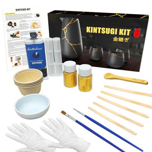 Kintsugi Repair Kit, Repair Your Meaningful Pottery with Gold Powder 50ml Glue, Japanese KINTSUGI Ceramic Repair Starter Kit- an Practice Ceramic Cups Free for Kintsukuroi Beginner