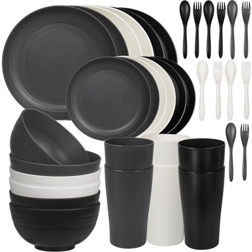 Greentainer Plastic Crockery Sets (36 Pieces), Lightweight and Unbreakable Camping Crockery Set with Cutlery, Plates, Bowls, Cups, Dinner Service for 6 People, Ideal for Children and Adults