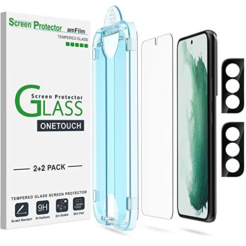 amFilm 2 Pack OneTouch Tempered Glass Screen Protector for Samsung Galaxy S22 5G [6.1 Inch] with 2 Pack Camera Lens Protector [9H Hardness] Easy Installation and Bubble Free.