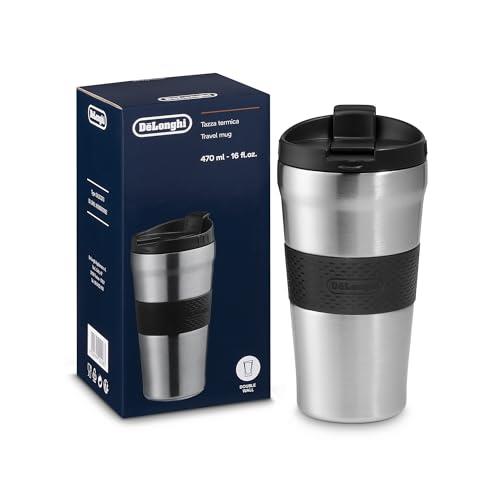 De'Longhi Travel Mug DLSC073, Stainless Steel Double-Walled, Non-Slip Silicone Wrap for Easy Transportation, Capacity 470 ml or 16 fl.oz, Black and Grey