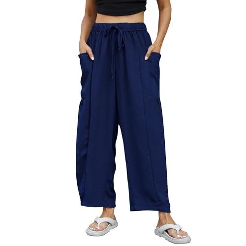 Honwenle Women's Linen Pants Casual Loose Drawstring Wide Leg Capri Palazzo Pants Trousers with Pockets, Navy, Small
