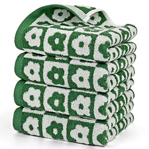 Jacquotha Hand Towels Checkered Floral - Set of 4 Soft Face for Bathroom, Large Size 13” x 29”, Dark Olive Green Dark Green