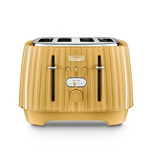 De'Longhi Ballerina 4 Slice Toaster CTD4003Y, Gold Yellow, Electric, Italian Design Appliance, Reheat, 5 Browning Settings, Defrost and Cancel Functions, Pull Crumb Tray, AUS Plug