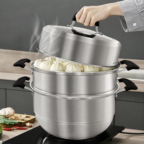 MANO Steamer Pot for Cooking 11 inch Steam Pots with Lid 2-Tier Multipurpose Stainless Steel Steaming Pot Cookware with Handle for Vegetable, Dumpling, Stock, Sauce, Food
