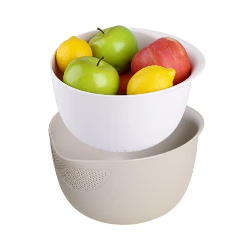 Blue Ginkgo Rice Strainer and Kitchen Colander Set - Strain Rice, Quinoa and Small Grains - Soak, Wash and Drain Vegetables and Fruit - (4 Quart Bowl) Cream and Limestone