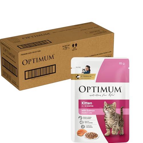 OPTIMUM Kitten 2-12 Months Wet Cat Food With Salmon Chuncks in Jelly 85g Pouch, 60 Pack