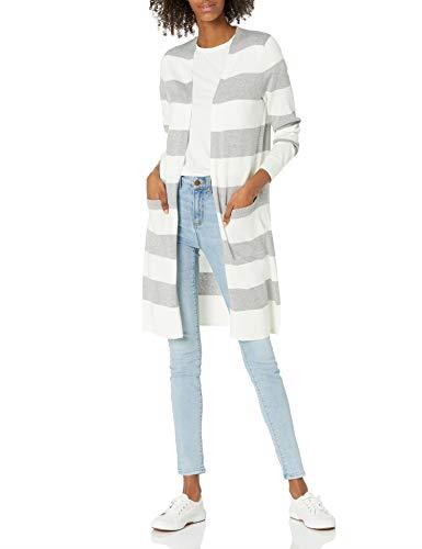 Amazon Essentials Women's Lightweight Longer Length Cardigan Sweater (Available in Plus Size), Light Grey Heather/White, Stripe, X-Small