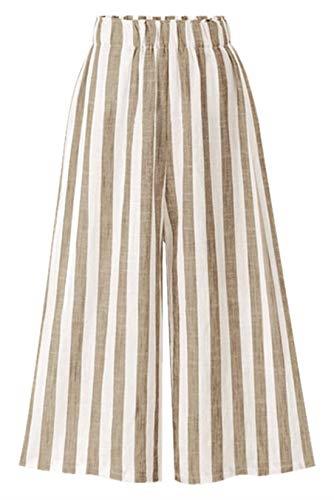 CHARTOU Women's Casual Striped High-Waist Wide-Leg Cotton Lightweight Palazzo Capri Culotte Pants (Khaki, X-Large)