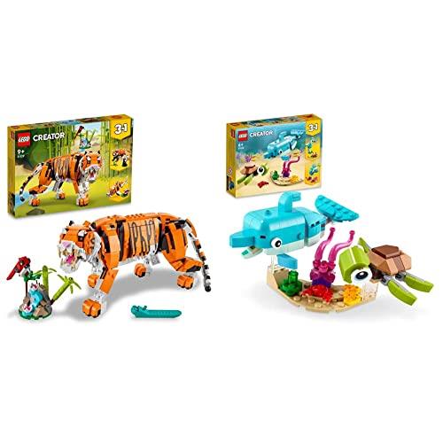 LEGO 31129 Creator 3 in 1 Majestic Tiger to Panda or Koi Fish Set, 9 + Years Old & Creator 3in1 Dolphin and Turtle to Seahorse Toy Figures Building Set, Sea Animal Toys for Kids 6 Plus Years Old 31128
