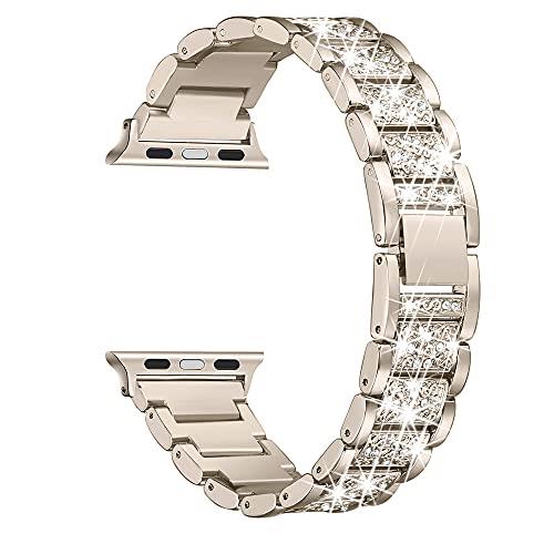 Secbolt Bling Bands Compatible with Apple Watch Band 38mm 40mm iWatch SE Series 6/5/4/3/2/1, Dressy Jewelry Metal Bracelet Adjustable Wristband, Champagne Gold