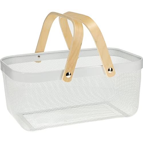 Kates Kitchen Rectangle Steel Mesh Basket with Wooden Handle White