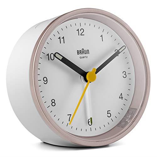 Braun Classic Analogue Alarm Clock with Snooze and Light, Quiet Quartz Movement, Crescendo Beep Alarm in White and Rose, Model BC12PW.
