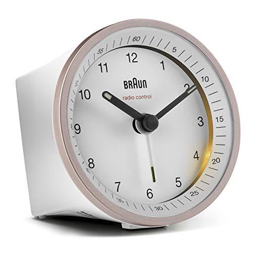 Braun Classic Radio Controlled Analogue Clock for Central European Time Zone (DCF/GMT+1) with Snooze and Light, Quiet Movement, Crescendo Beep Alarm in White and Rose, Model BC07PW-DCF, Pink, One Size, Pink, One Size, Cuff