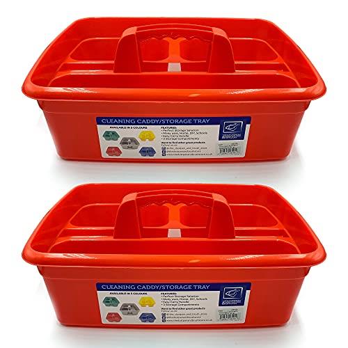 Cleaning Caddy Tray Box Housekeeping Cleaners Tote Tray Basket with Handle Carry Grips - Ideal Under Sink Kitchen Storage Caddy for Cleaning Products Cleaners Carrier Tool Organiser (Red 2 Pack)