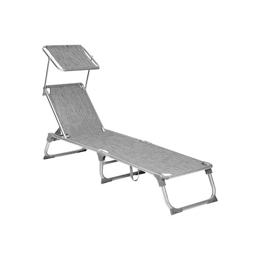 SONGMICS Sun Lounger, Sunbed, Reclining Sun Chair with Sunshade, Adjustable Backrest, Foldable, Lightweight, 55 x 193 x 31 cm, Load Capacity 150 kg, for Garden, Patio, Mottled Grey GCB19TG