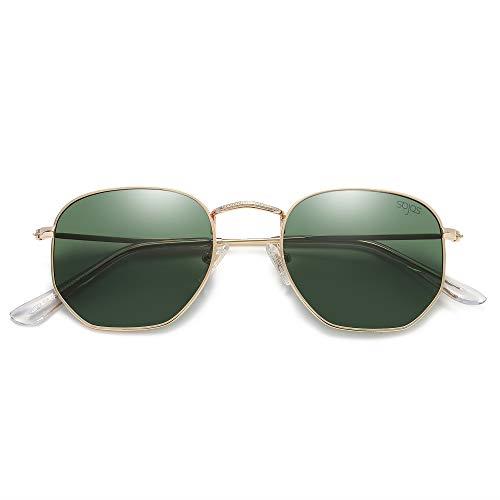 SOJOS Small Square Polarized Sunglasses for Men and Women Polygon Mirrored Lens SJ1072 with Gold Frame/Dark Green Lens