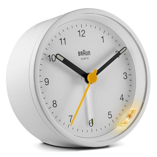 Braun Classic Analogue Clock with Snooze and Light, Quiet Quartz Movement, Crescendo Beep Alarm in White, Model BC12W, One Size
