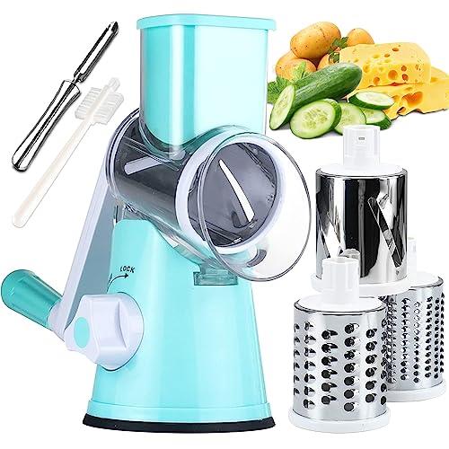 KEOUKE Rotary Cheese Grater Slicer - Round Mandoline Drum Slicer Manual Vegetable Slicer with a Stainless Steel Peeler (Blue)