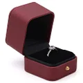 Engagement Ring Box Wine Red, Square Leather Velvet Ring Bearer Box, Premium Gorgeous Vintage Single Slot Ring Box for Proposal, Wedding, Ceremony, Anniversary, Gift
