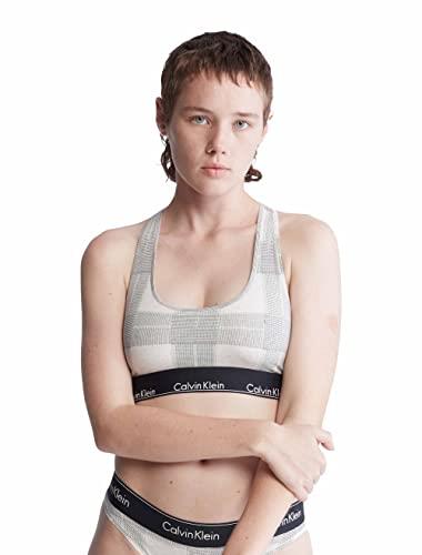 Calvin Klein Women's Modern Cotton Unlined Wireless Bralette, Textured Plaid Oatmeal, Large