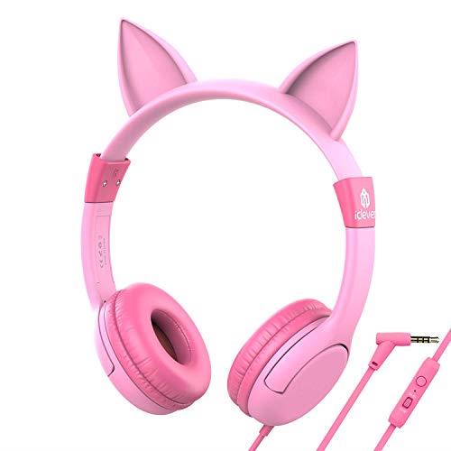 iClever Kids Headphones Girls - Cat-Inspired Wired On-Ear Headphones for Kids, 85dB Volume Limiting, Food Grade Silicone, Lightweight, 3.5mm Jack - Comfortable Children Headphones for Kids, Pink