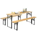 Costway 3PCS Outdoor Folding Picnic Table Bench Set, Portable Patio Dining Table Set with Wooden Top & Steel Frame