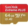 SanDisk Extreme Plus 64 GB microSDXC Memory Card + SD Adapter with A2 App Performance up to 170 MB/s, Class 10, U3, V30