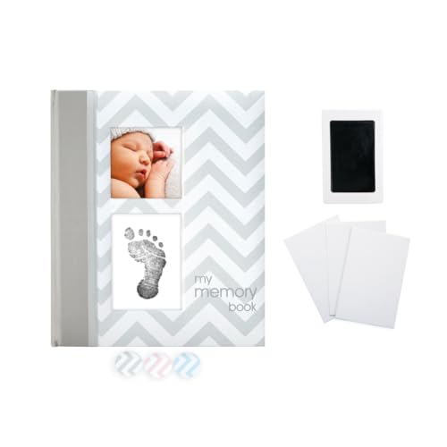 Pearhead Grey Chevron Baby Memory Book with Included Clean-Touch Baby Safe Ink Pad, Keepsake Milestone Journal, UK English Version