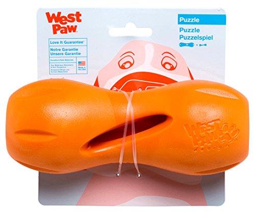 West Paw Zogoflex Qwizl Interactive Treat Dispensing Dog Puzzle Treat Toy for Dogs, 100% Guaranteed Tough, It Floats!, Made in USA, Large, Tangerine