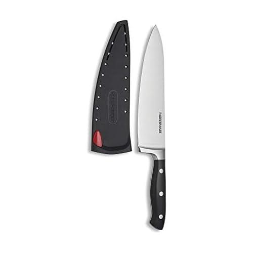 Farberware Edgekeeper 8-Inch Forged Triple Riveted Chef Knife with Self-Sharpening Blade Cover, High Carbon-Stainless Steel Kitchen Knife with Ergonomic Handle, Razor-Sharp Knife, Black
