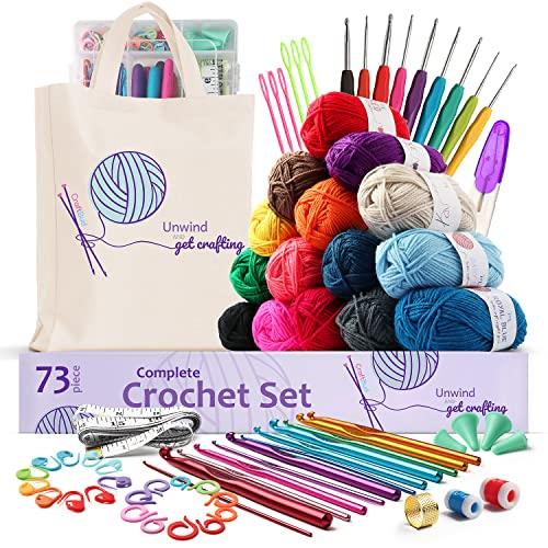 73 Piece Crochet Kit for Beginners Adults and Kids, Premium Crochet Set with 21 Crochet Hooks Set and 1500 Yards of Yarn for Crocheting Kit, Canvas Tote Bag and Lots More - Beginner Crochet Kit