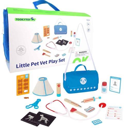 Tooky Toy Little PET Vet PLAYSET in Carry Bag - 17-Piece Educational Wooden Toy for Toddlers and Kids