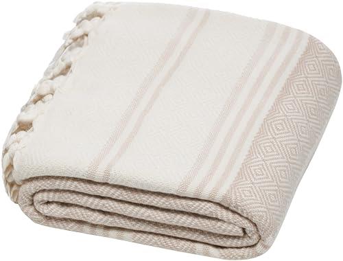 DEMMEX Certified 100% Organic Turkish Cotton Beach and Bath Towel, Peshtemal Towel Blanket, Quick Dry Sand Free, Oversized Light Compact, Diamond Weave, Prewashed, 71x36 Inches, 14 Oz (Beige)