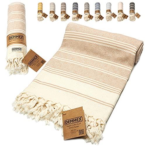 DEMMEX Certified 100% Organic Turkish Cotton Beach and Bath Towel, Peshtemal Towel Blanket, Quick Dry Sand Free, Oversized Light Compact, Diamond Weave, Prewashed, 71x36 Inches, 14 Oz (Beige)
