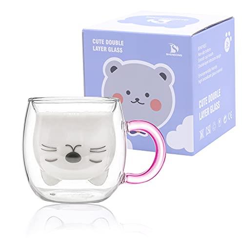 Cute Cat Mugs with Handle Cute Cups Cat Tea Coffee Cup Double Wall Insulated Glass Espresso Cups Glass 250ml/8.4oz Milk Cup Personal Birthday Valentine's Day and Office Gifts (Cute Mugs Purple Cat)