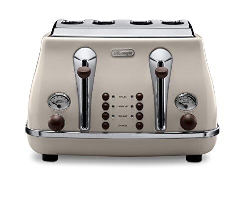 De'Longhi Icona Vintage 4 slot toaster, reheat, defrost, one-side bagel & 6 browning settings, CTOV4003BG, Beige