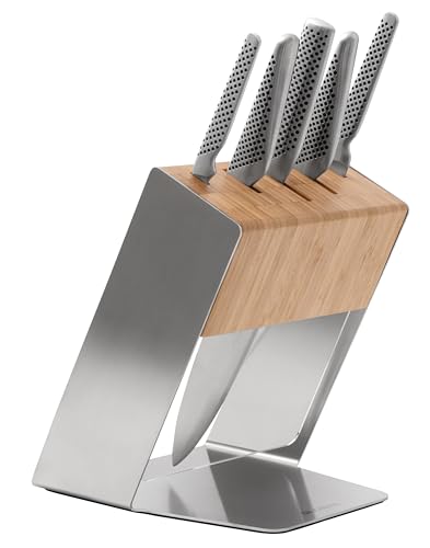 Global Katana 6-Piece Japanese Knife Block Set, Made in Japan, Stainless Steel and Bamboo Storage Block