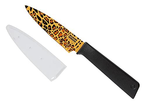 Kuhn Rikon Colori+ Non-Stick Straight Paring Knife with Safety Sheath, 4 inch/10.16 cm Blade, Leopard