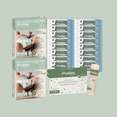 Tooshies Eco Nappies Size 1 Newborn, 104 Count, White, 3.25 kilograms + Tooshies Biodegradable Nappy Bags 40pk, Green + Tooshies Pure Water Eco Wipes, Pack of 1120 (16x70 packs) + Tooshies Biodegradable Disposable Change Mats 10pk